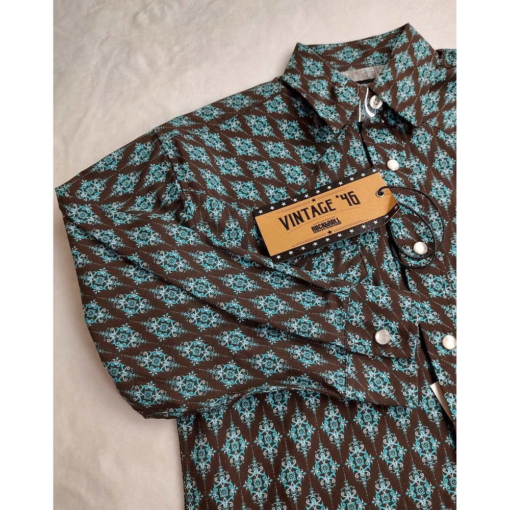 Rock & Roll Denim Kids Western Shirt S Brown Turquoise Diamond Print Snap Front